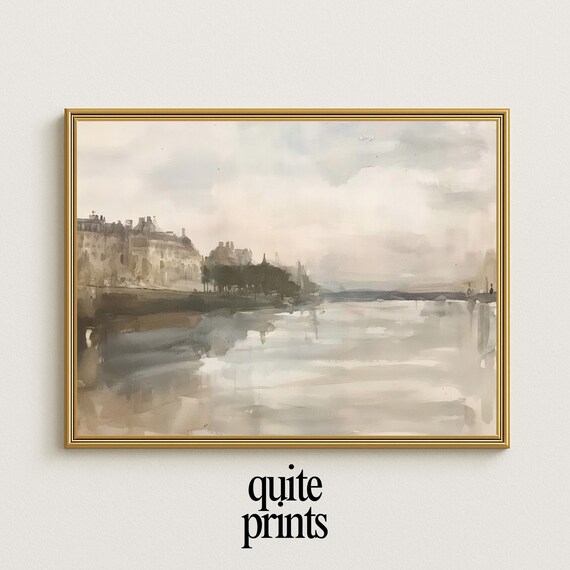 European Riverside Watercolor Historic Buildings Wide River Haze Poster