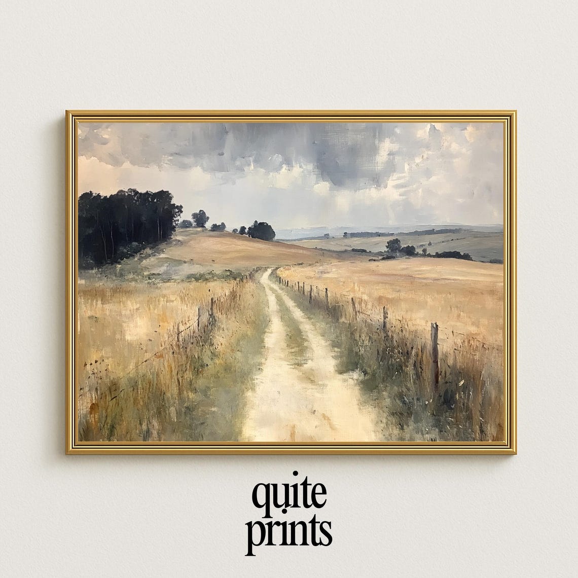 Vintage Country Road Through Golden Fields Rustic Landscape Oil Poster
