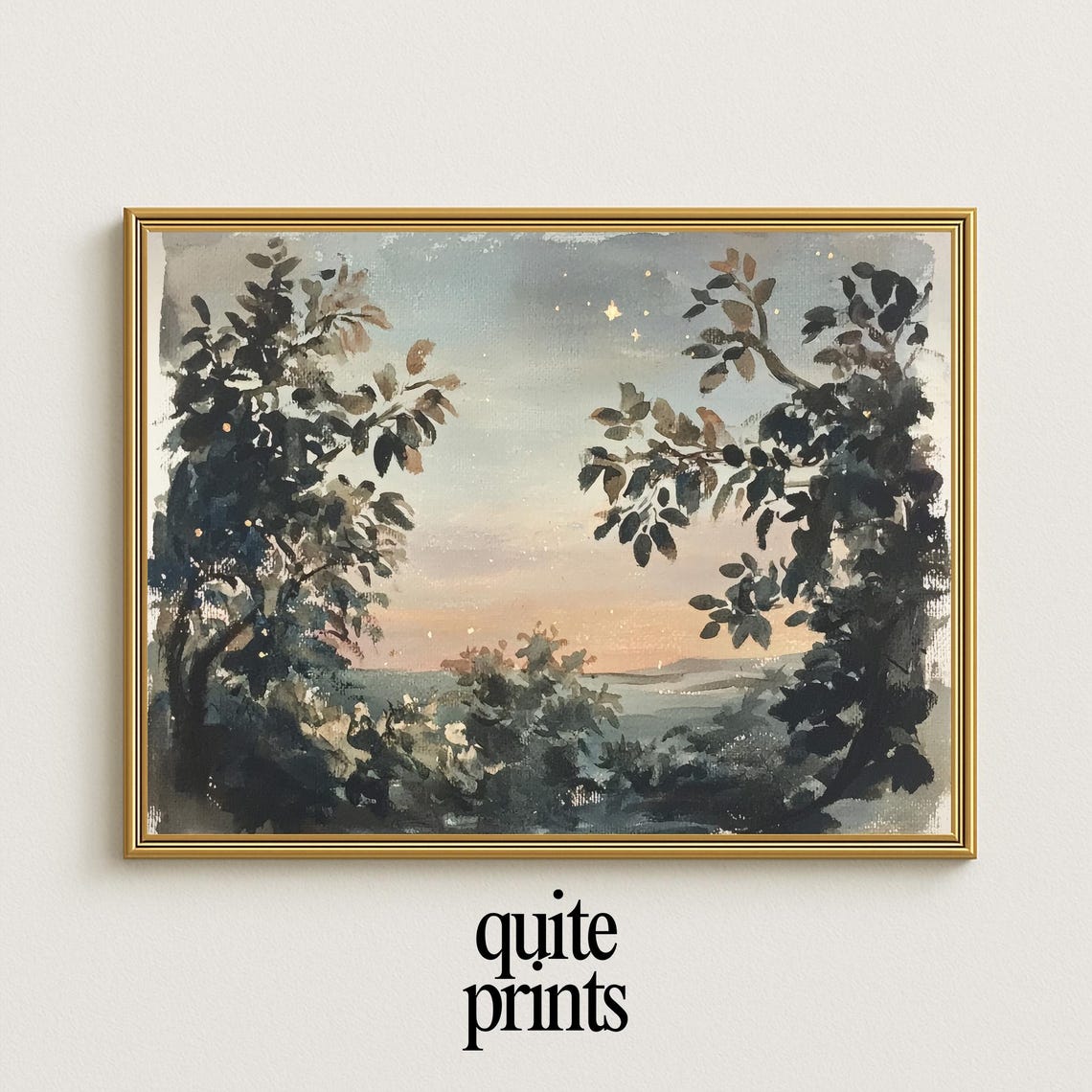 Golden Hour Sunset Through Trees Watercolor Landscape Poster