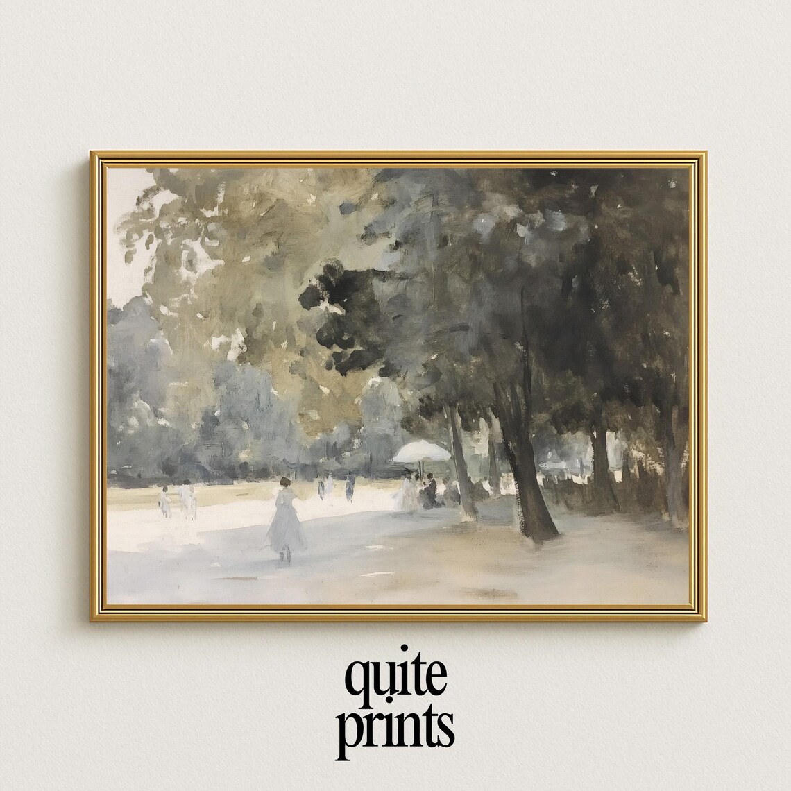Impressionist Park Scene Strolling Figures Trees Soft Green Tones Poster