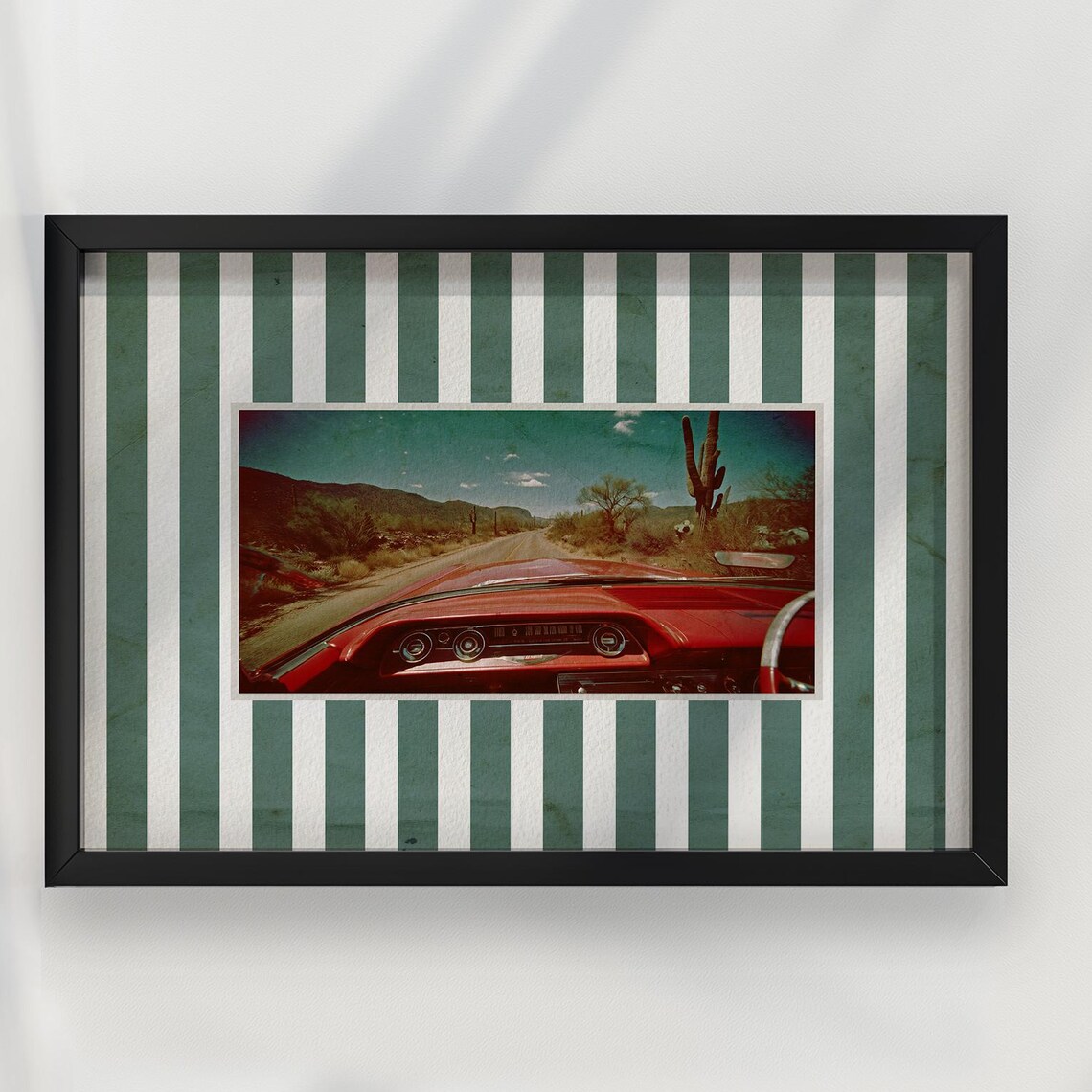 Retro Red Classic Car Desert Road Drive Vintage Striped Wall Art