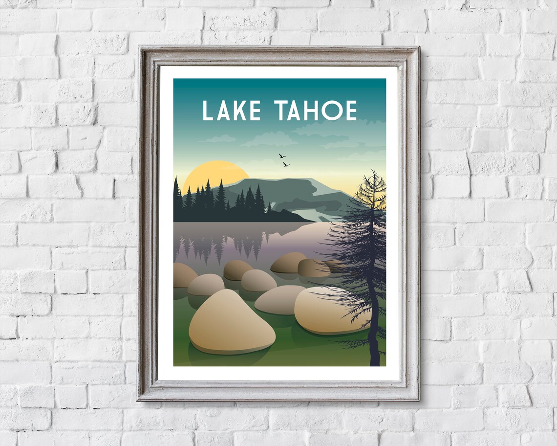 Lake Tahoe Retro California Sunrise Mountain Lake Art Poster - Image 2