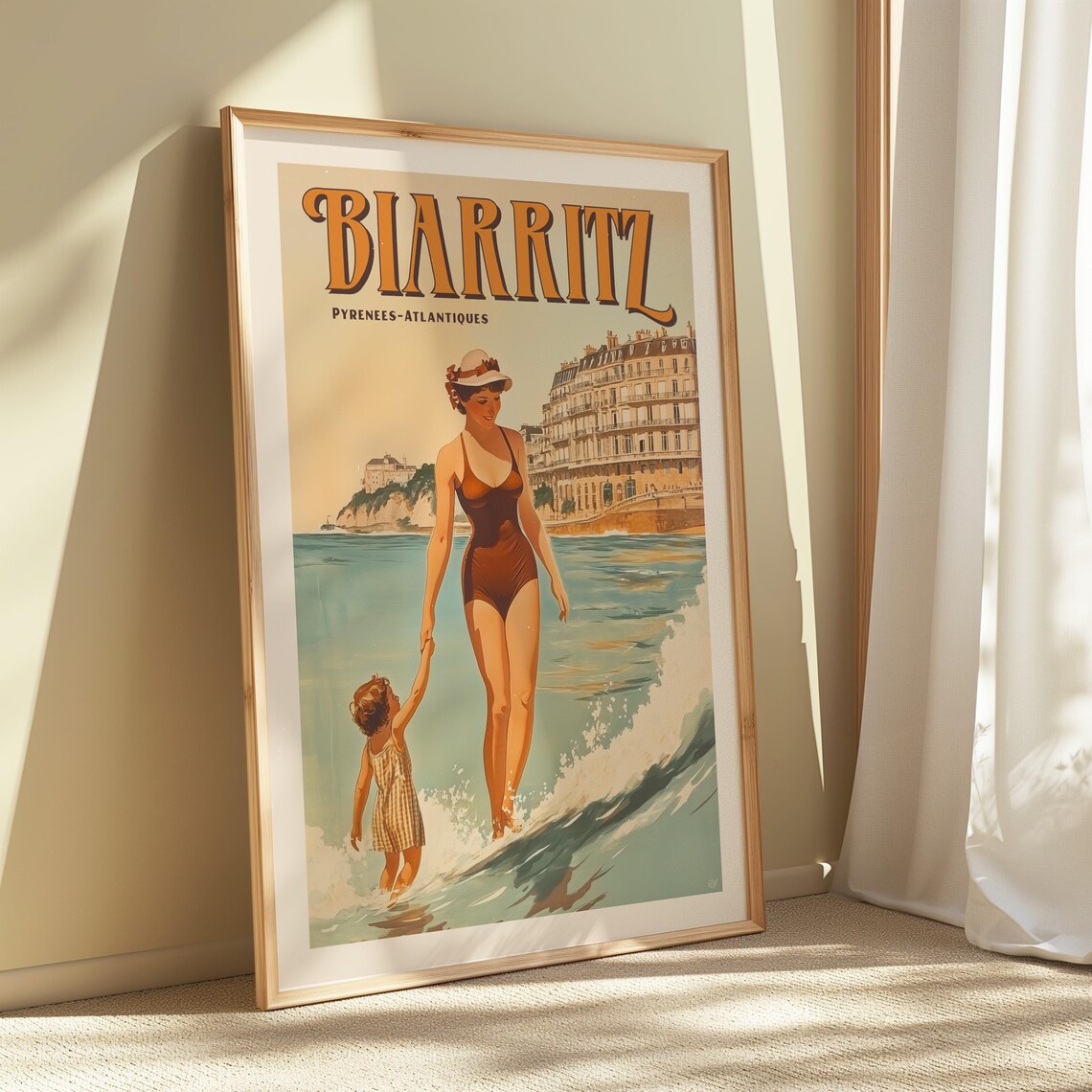 Biarritz Pyrenees Atlantiques Mother Child Beach Day Vintage Poster - Image 4