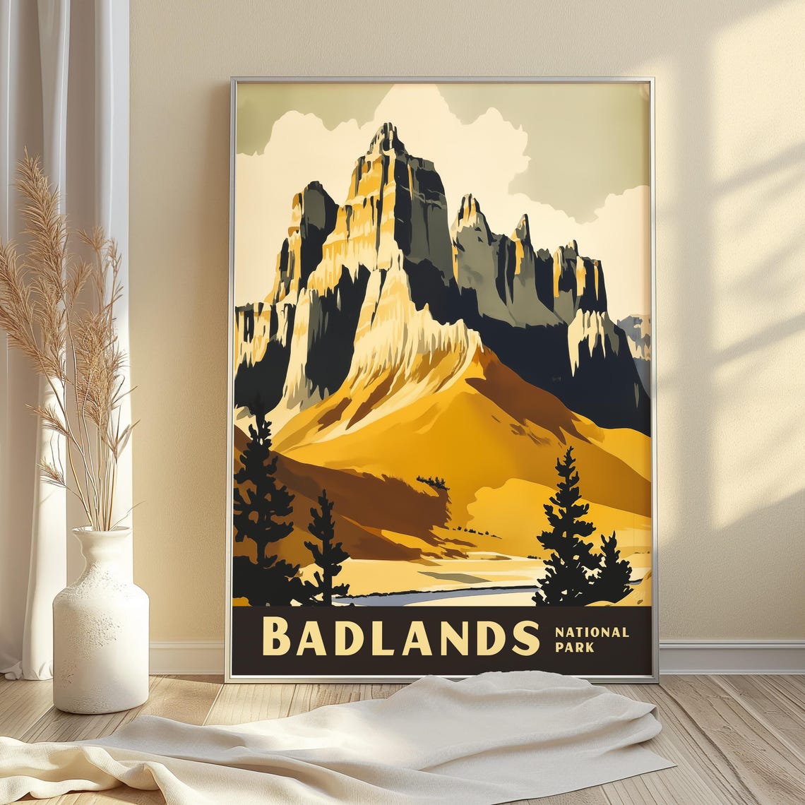 Badlands National Park Golden Buttes Retro Scenic Artwork Poster