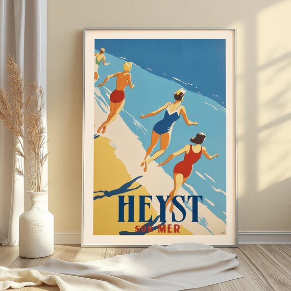 Heyst Sur Mer Vintage Beach Poster Retro Swimmers Running Seaside Scene
