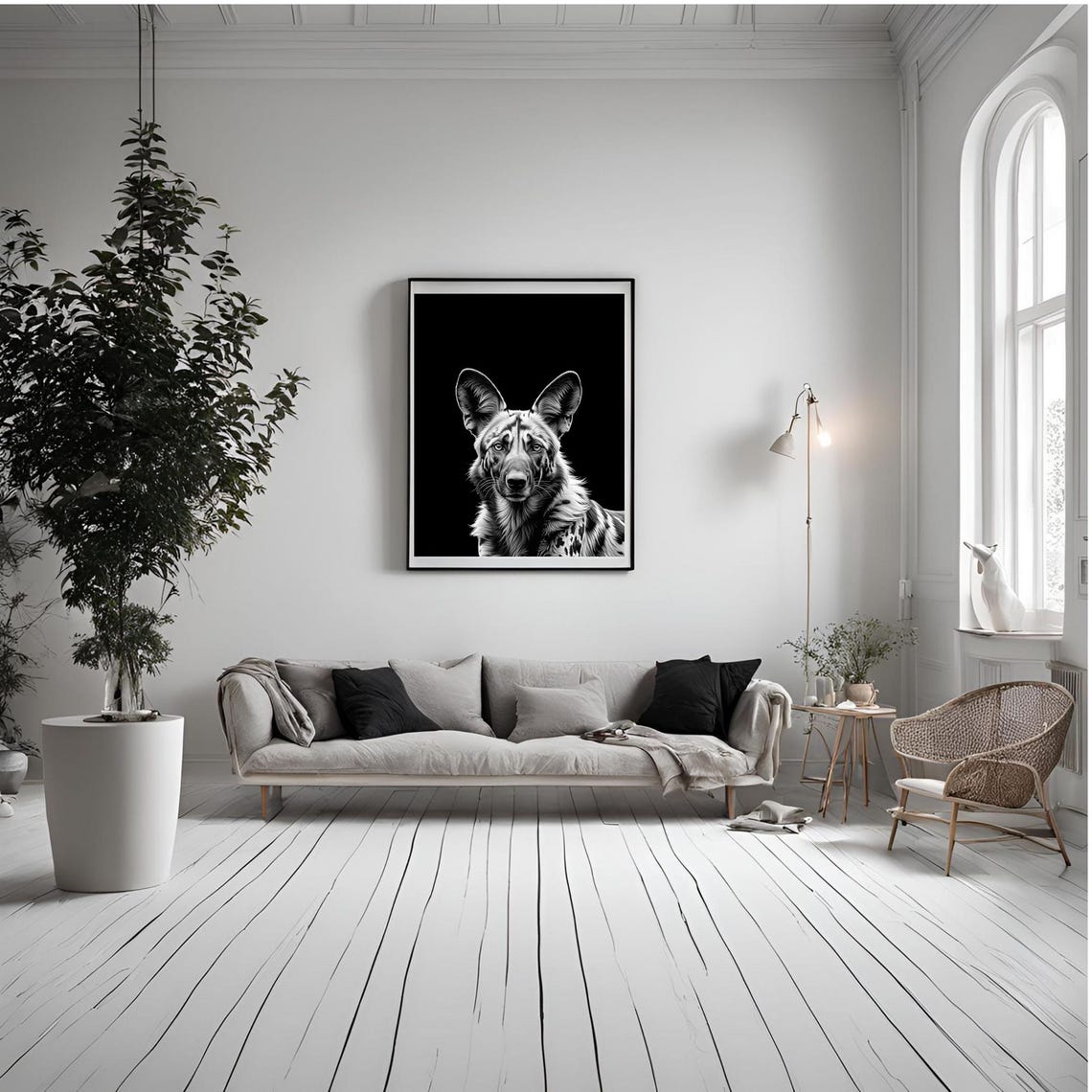 Black and White African Wild Dog Portrait Wildlife Art Poster - Image 4