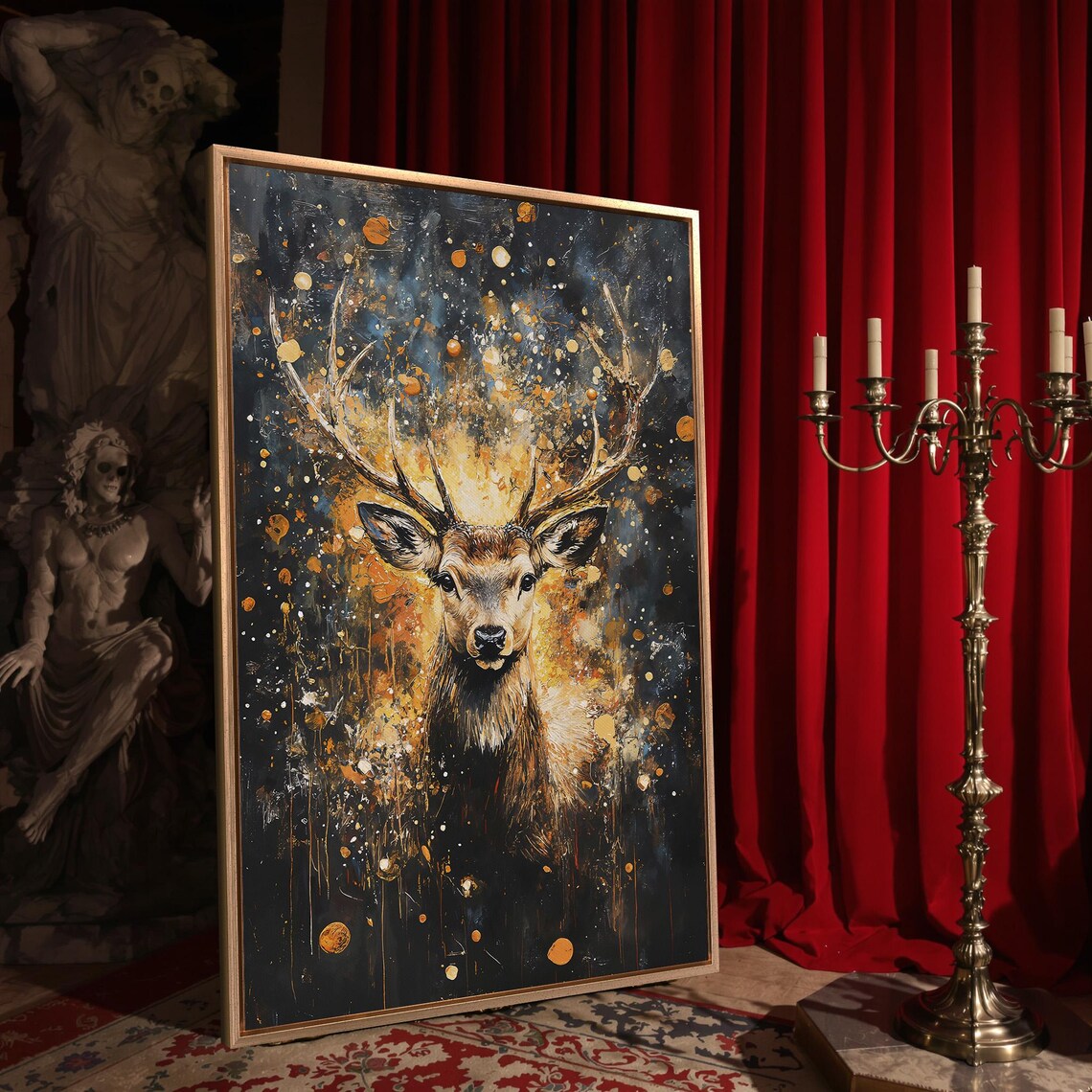 Golden Stag Portrait With Majestic Antlers Dark Abstract Wildlife Poster - Image 4