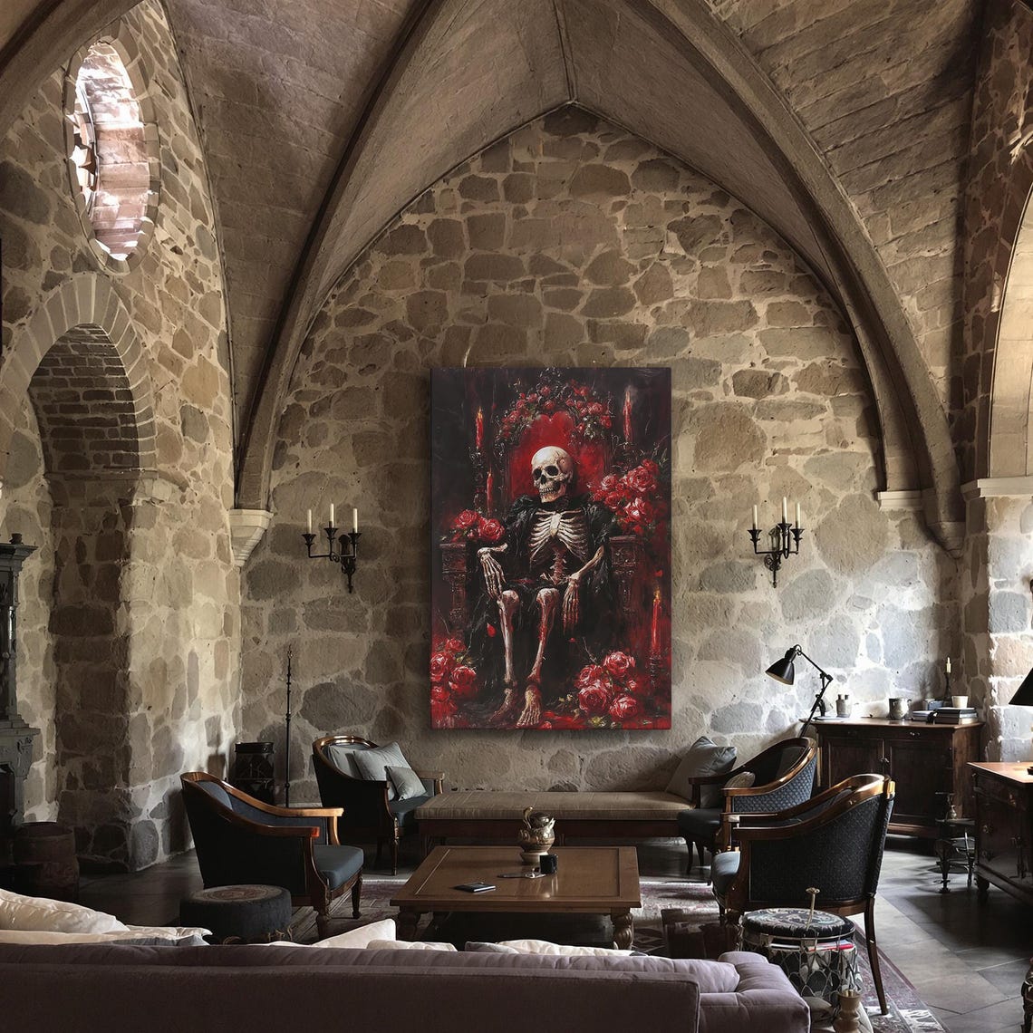 Skeleton King Seated on Throne Surrounded by Red Roses Art Poster - Image 3