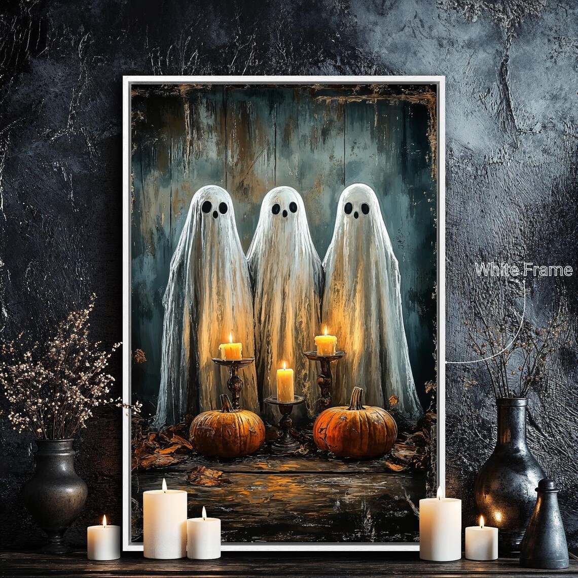 Spooky Ghosts With Candles and Pumpkins Gothic Art Print - Image 4