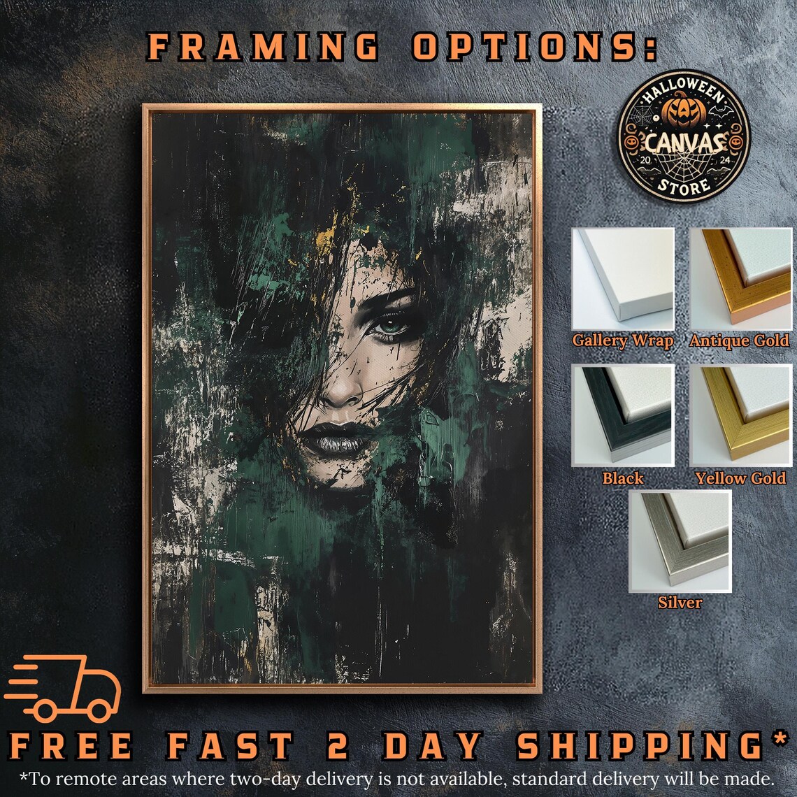 Moody Abstract Female Face In Dark Green Brushstrokes Gloomy Art Poster - Image 4