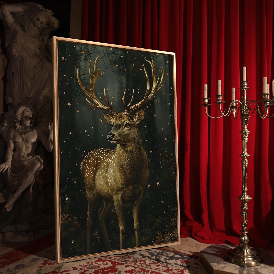 Majestic Golden Antlered Stag In Dark Starry Forest Night Scene Poster - Image 4
