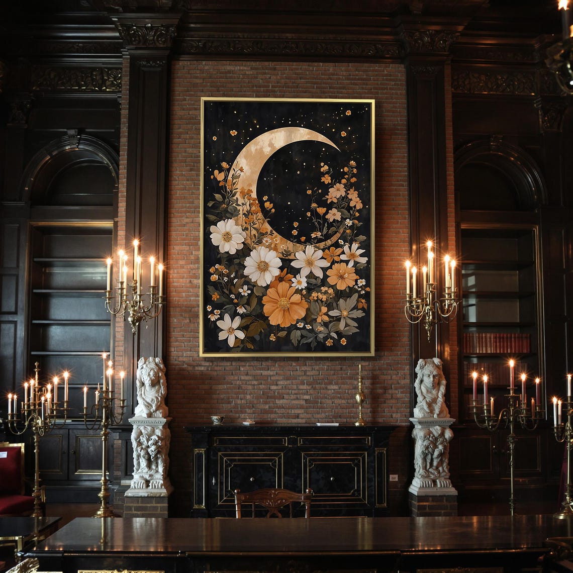 Golden Crescent Moon Over White Wildflowers In Starry Night Sky Poster - Image 2