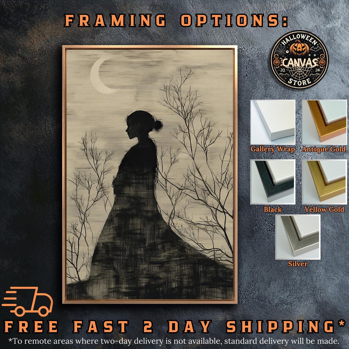 Gothic Woman in Flowing Gown Silhouette Under Crescent Moon Poster - Image 5