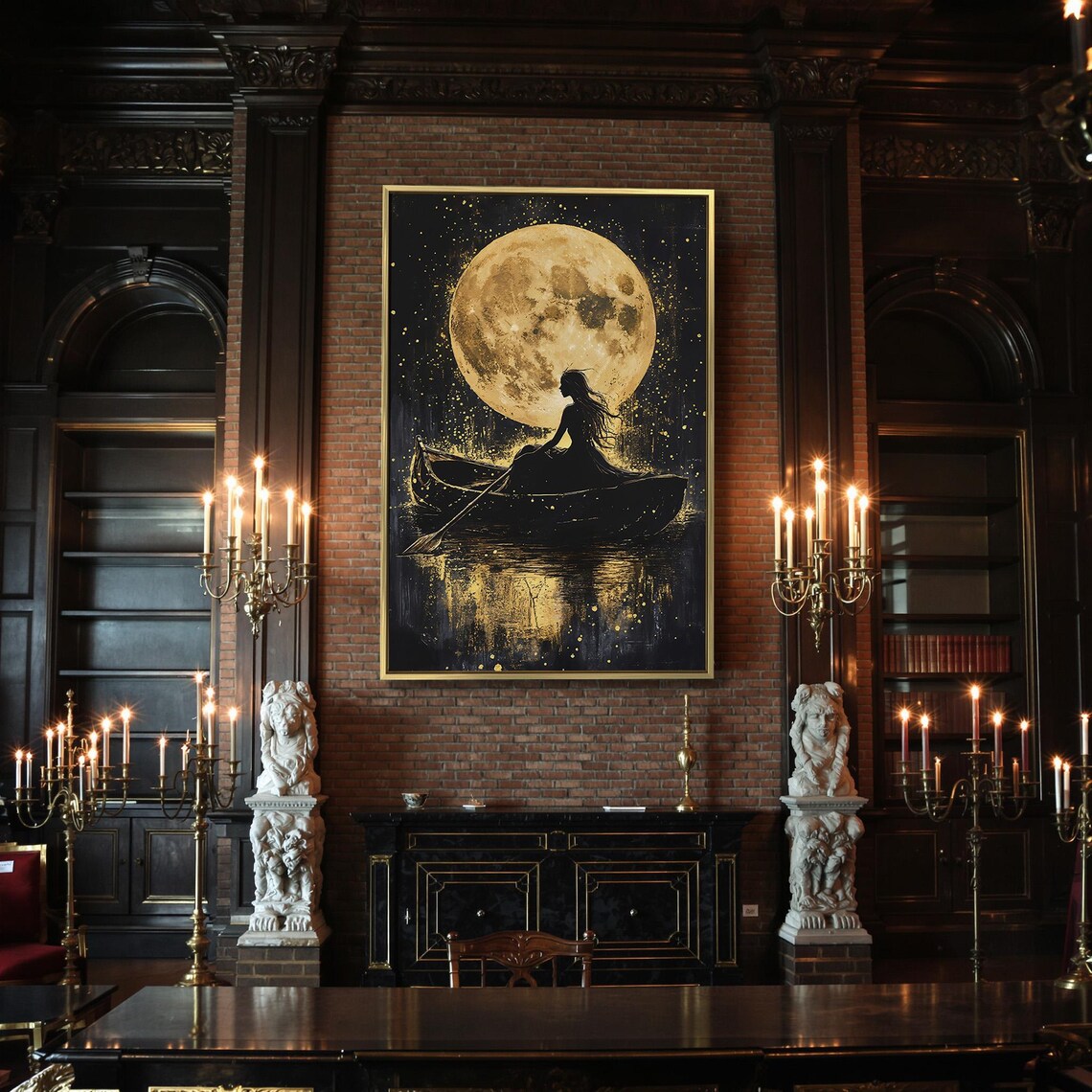 Girl In Rowboat Under Giant Gold Moon Starry Night Fantasy Poster - Image 2