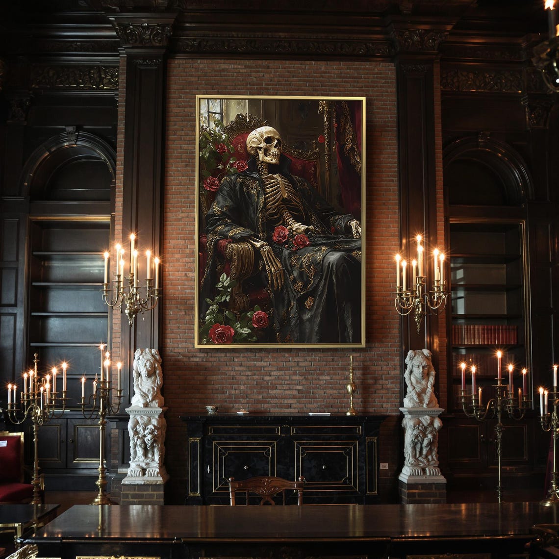 Skeleton In Black Robe Reclining On Ornate Chair With Red Roses Poster - Image 2