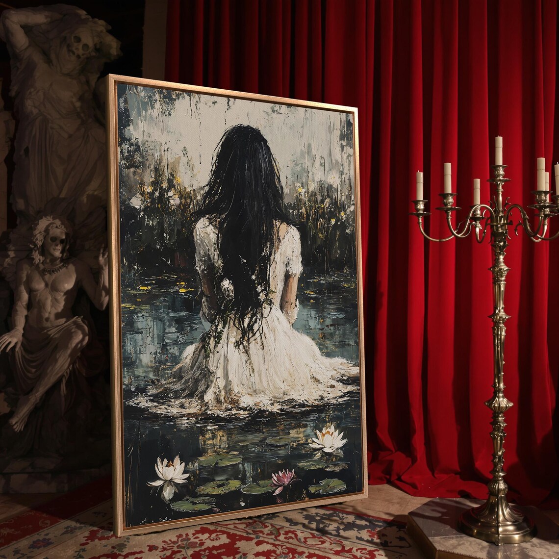 Woman Water Lilies Dark Pond White Dress Moody Painterly Gothic Wall Art - Image 4