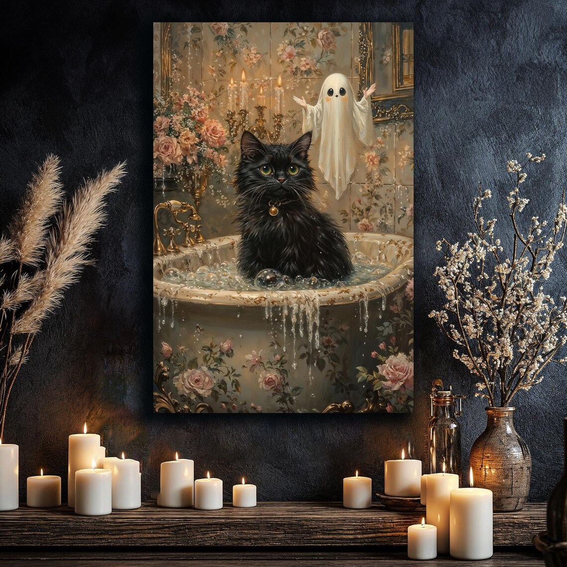 Black Cat Bath Tub Ghost Victorian Haunted Floral Cute Halloween Wall Poster - Image 4
