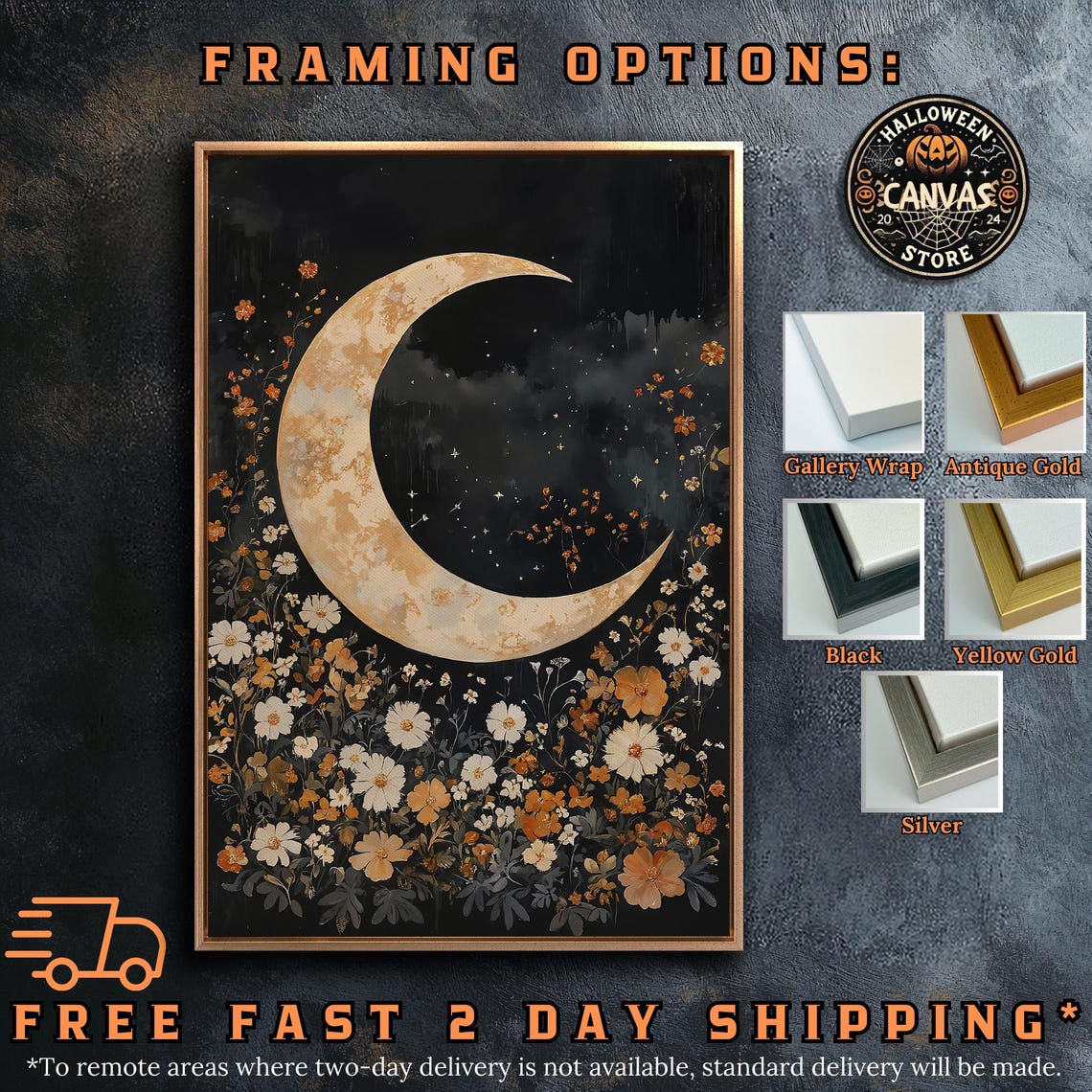Golden Crescent Moon Rising Over Wildflower Meadow Starry Night Poster - Image 5