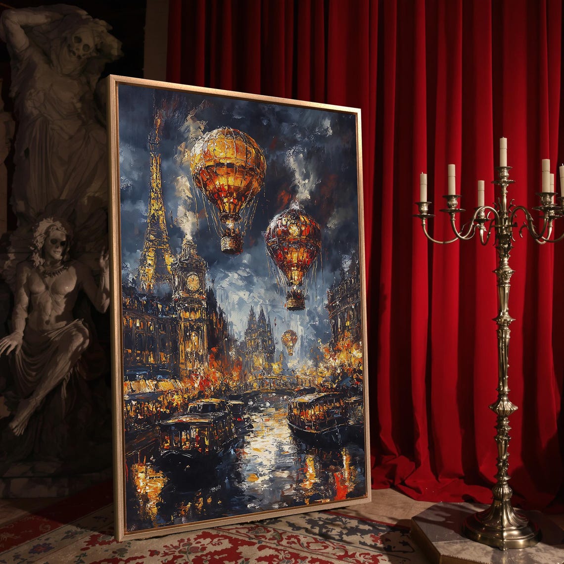Mystical Night Cityscape Hot Air Balloons River Dark Fantasy Wall Art - Image 4