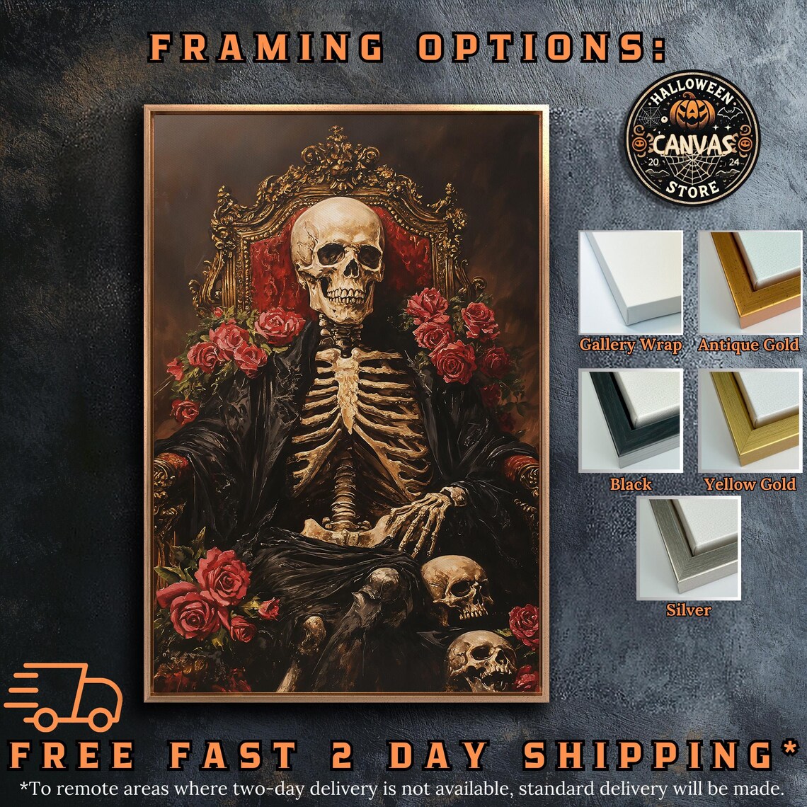Macabre Skeleton On Golden Baroque Throne With Red Roses Dark Art Poster - Image 5