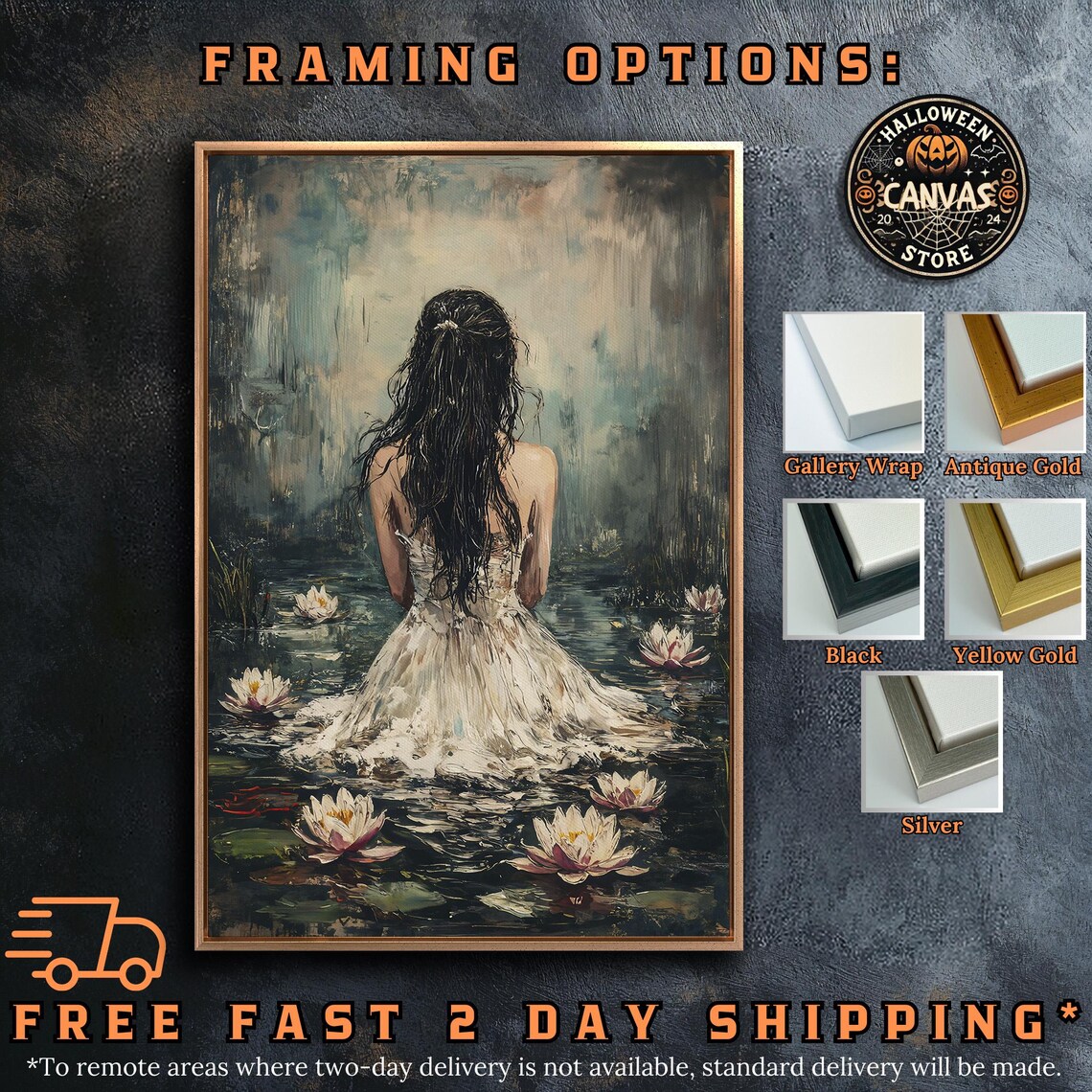 Woman In White Dress Standing In Misty Water Among Lilies Dark Art Poster - Image 4