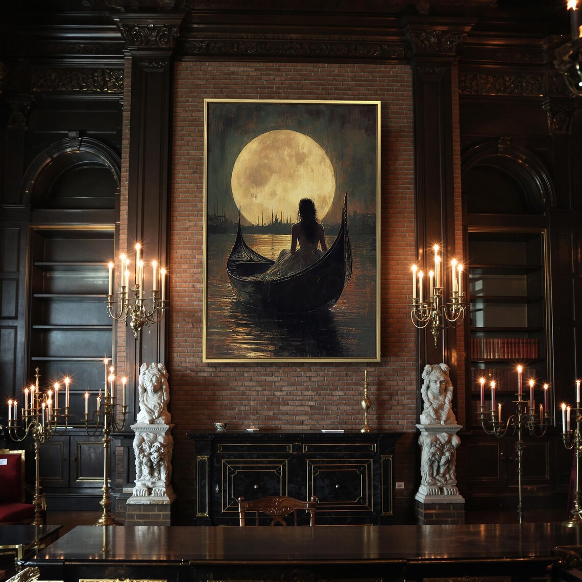 Woman in Gondola Under Giant Golden Full Moon Night Art Poster - Image 2