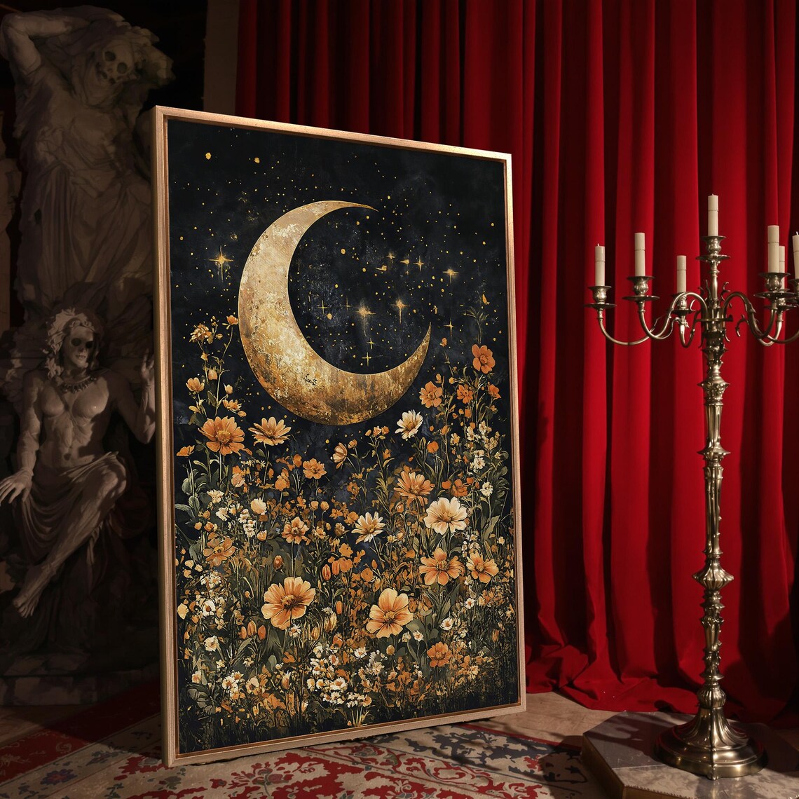 Crescent Moon Starry Night Wildflower Field Dark Celestial Botanical Poster - Image 4