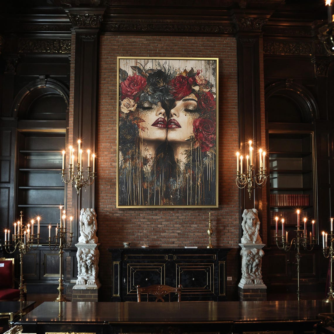 Mirrored Gothic Women Faces With Red Roses Dark Beauty Art Poster - Image 2