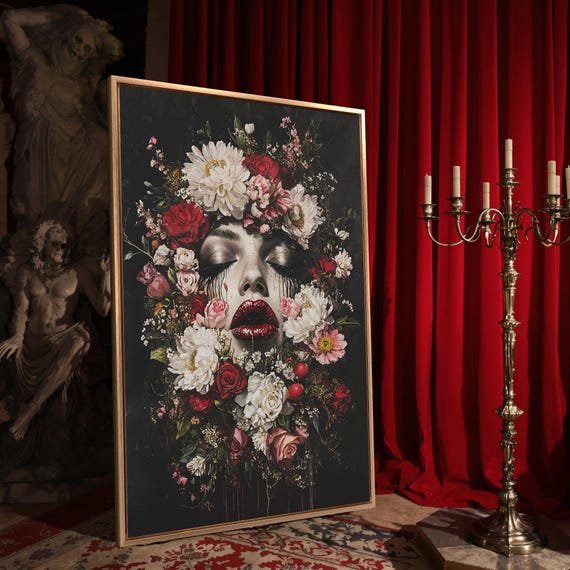 Mystical Female Face In Flowers Print Gothic Portrait Dramatic Home Decor Dark Beauty Floral Poster Ready To Hang Framed Wall Art