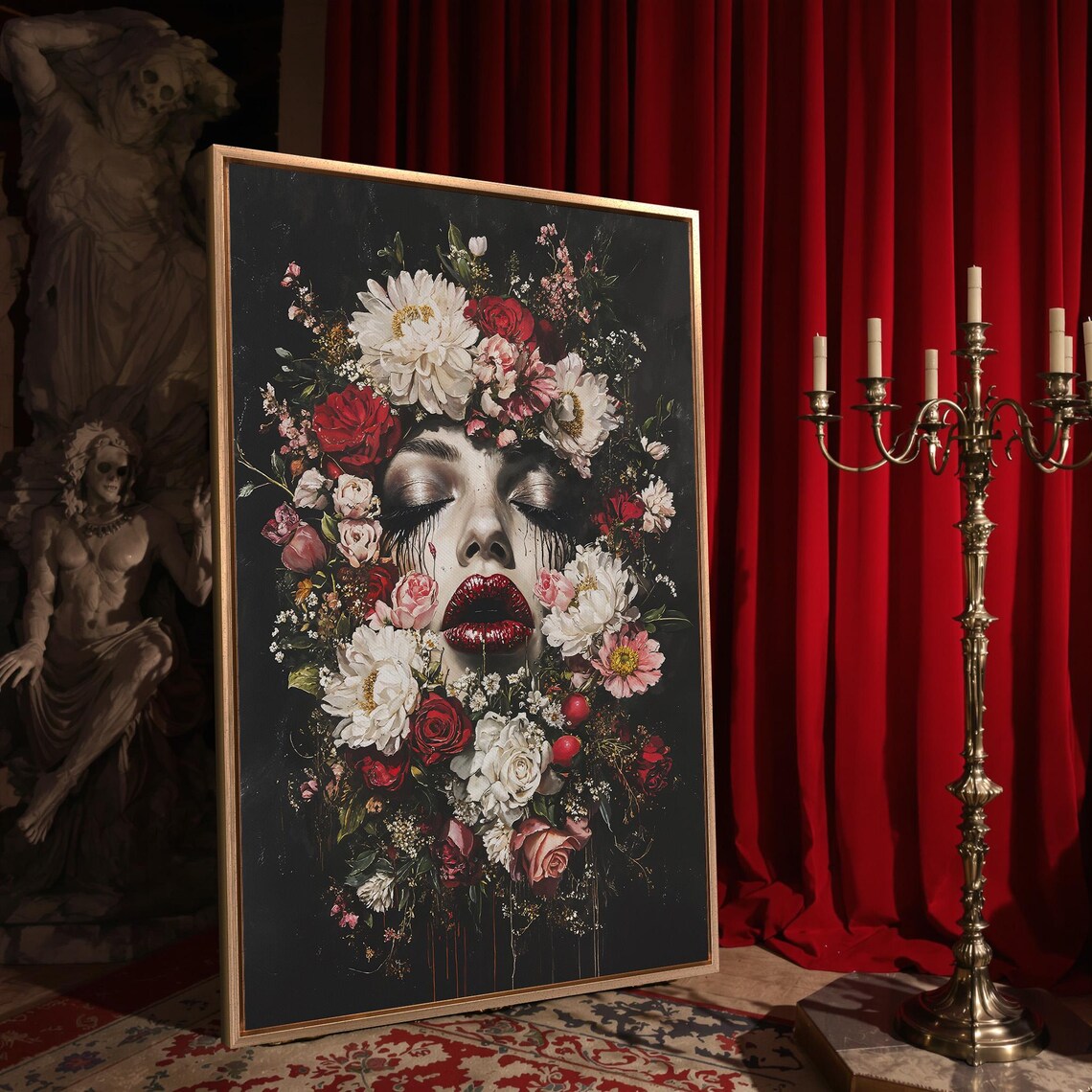 Gothic Female Face Hidden Among Red And White Flowers Dark Beauty Poster