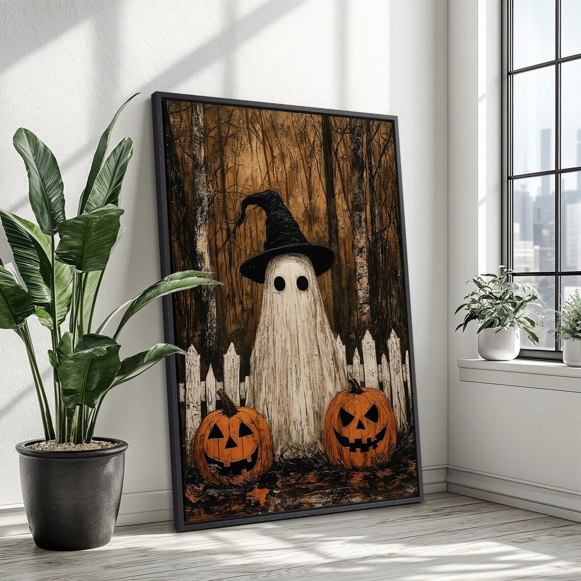 Spooky Ghost and Pumpkins, Vintage Autumn Forest Poster - Image 3