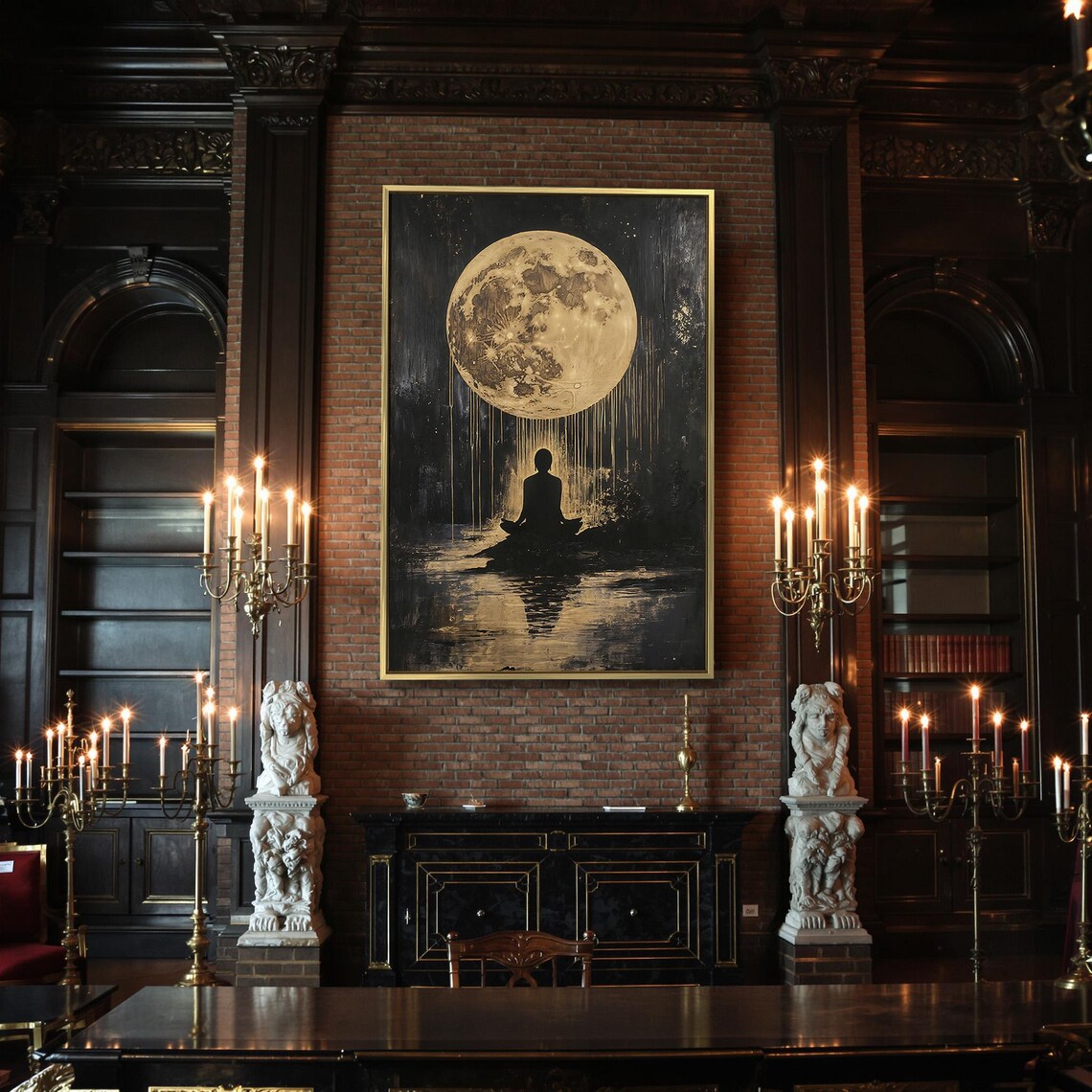 Meditating Figure Silhouette Under Golden Moon Dripping Gold Light Poster - Image 2