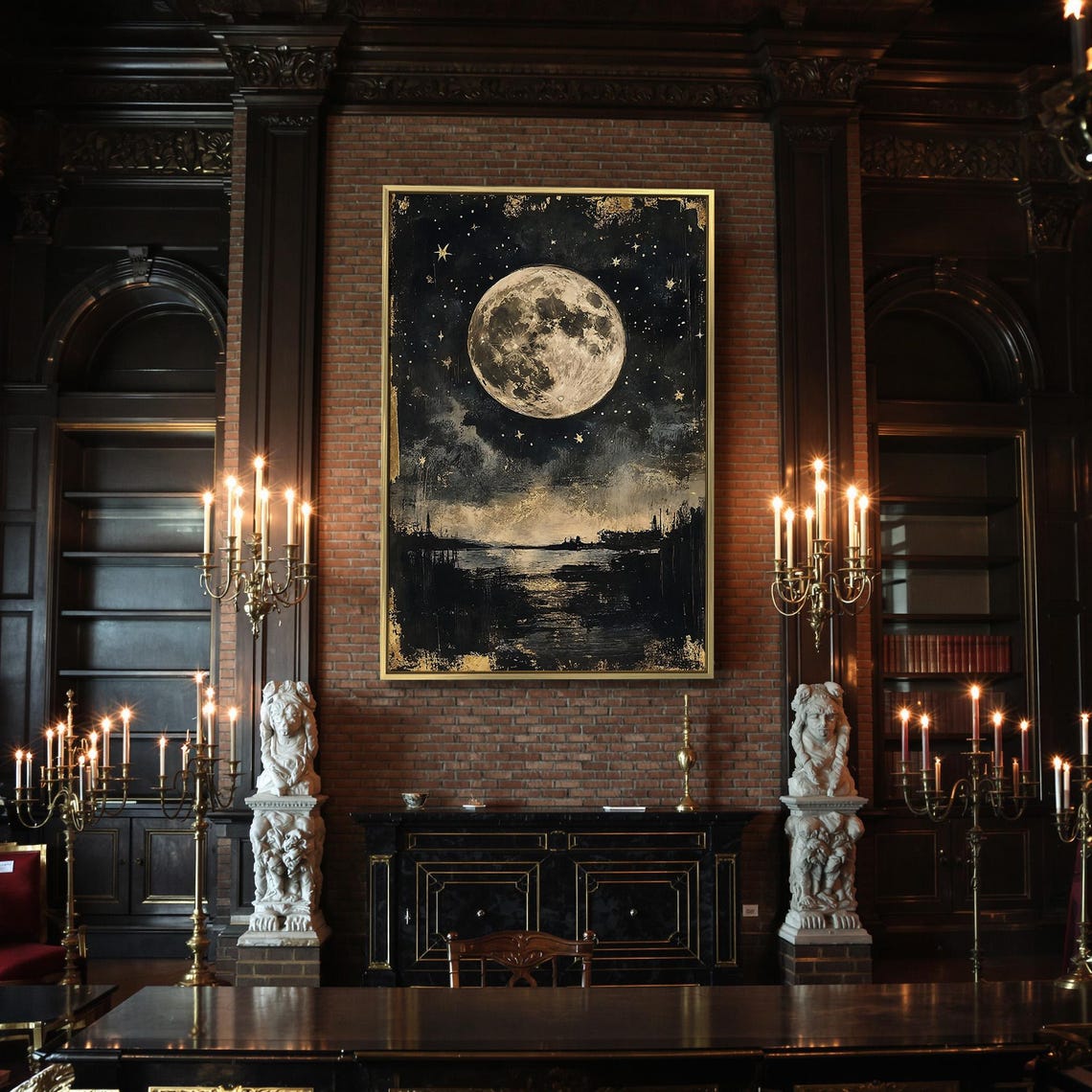 Full Moon Starry Night Sky Gold Stars Dark Night Landscape Poster - Image 2