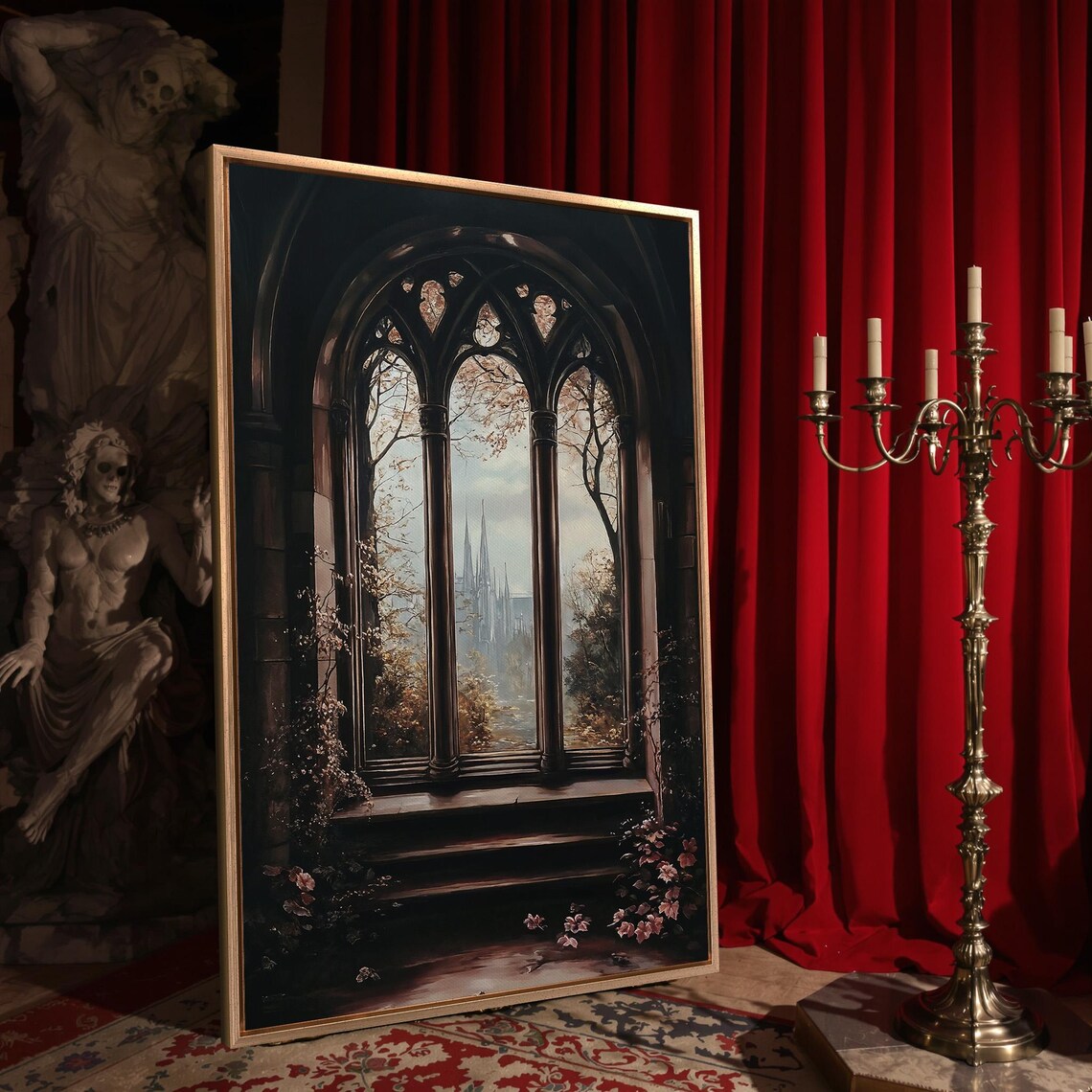 Gothic Window View Fairytale Castle Spires Autumn Dark Medieval Wall Art - Image 4