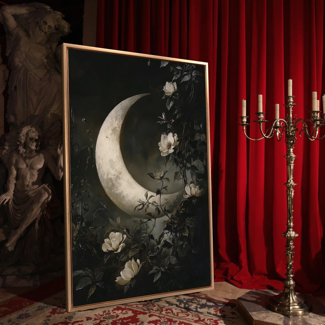 White Crescent Moon Among Dark Roses Celestial Gothic Night Sky Poster - Image 4