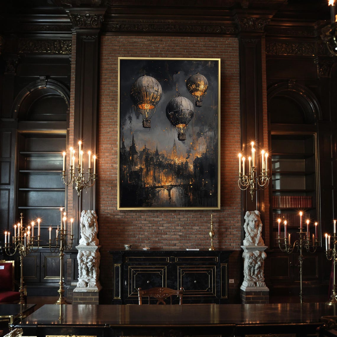 Steampunk Hot Air Balloons Over Medieval Cityscape Night Art Poster - Image 2
