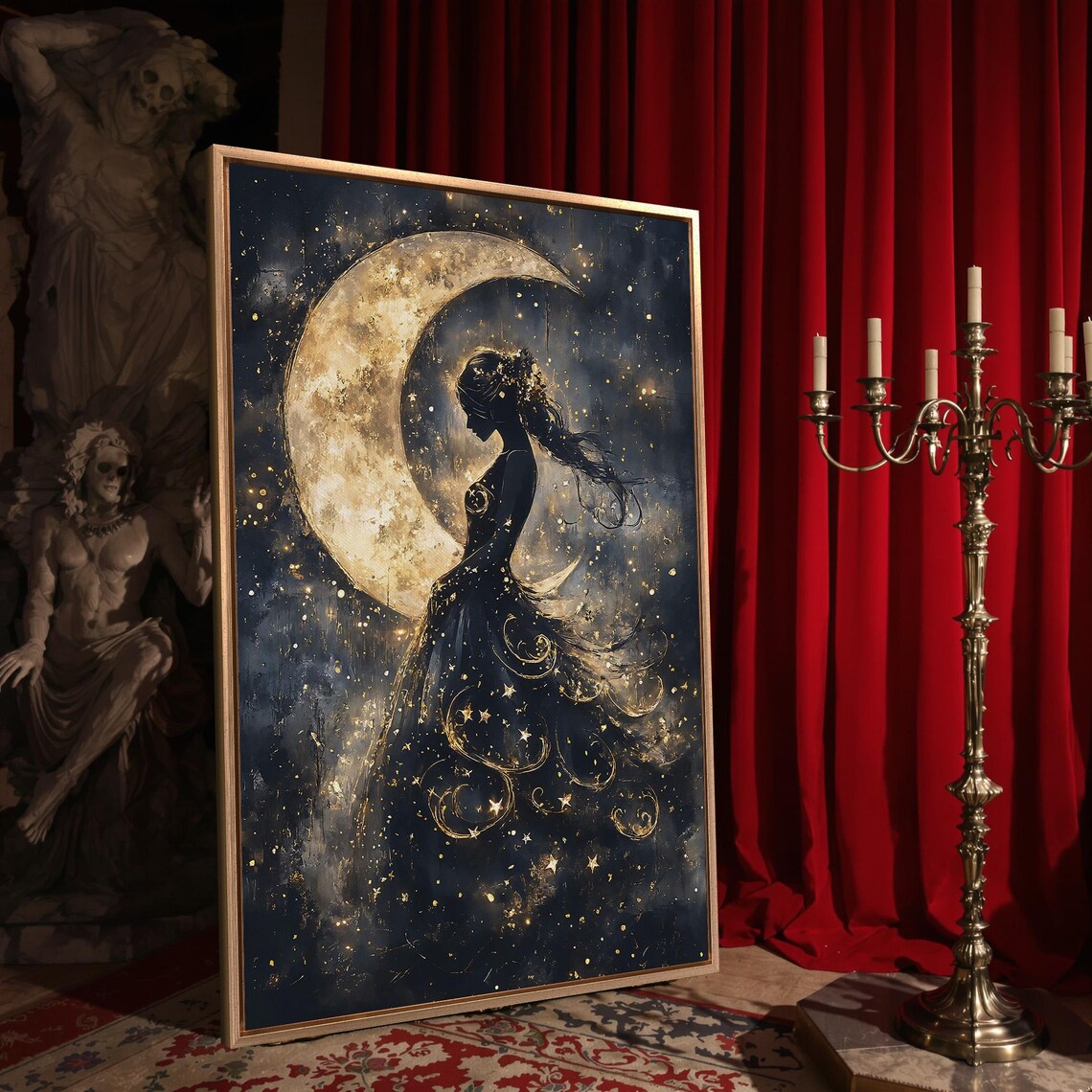 Ethereal Girl Silhouette With Crescent Moon Starry Gown Dark Fantasy Poster - Image 4