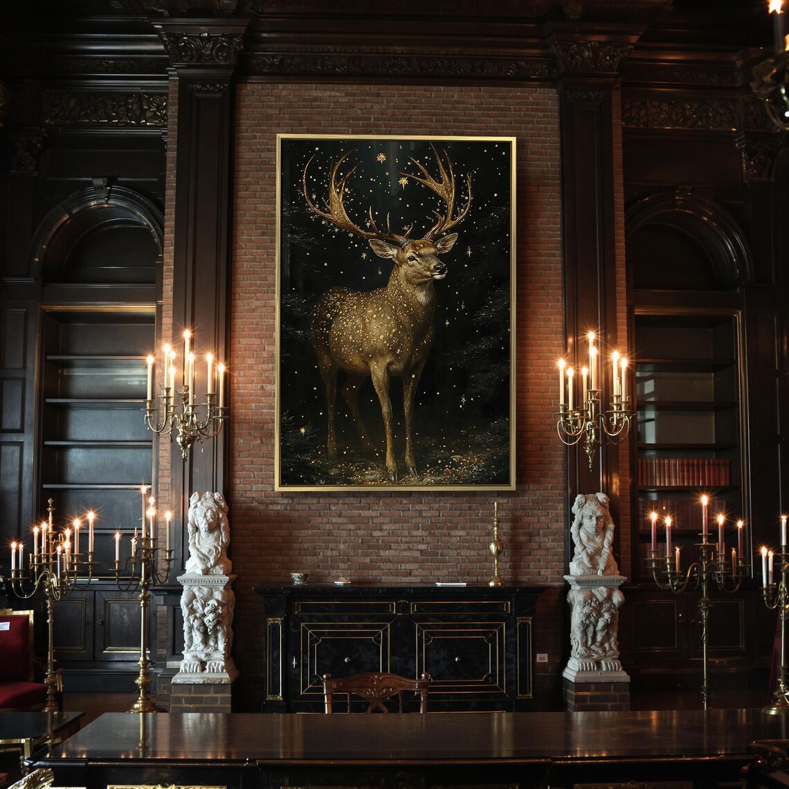 Enchanted Sparkling Deer With Golden Antlers In Dark Mystical Forest Poster - Image 2