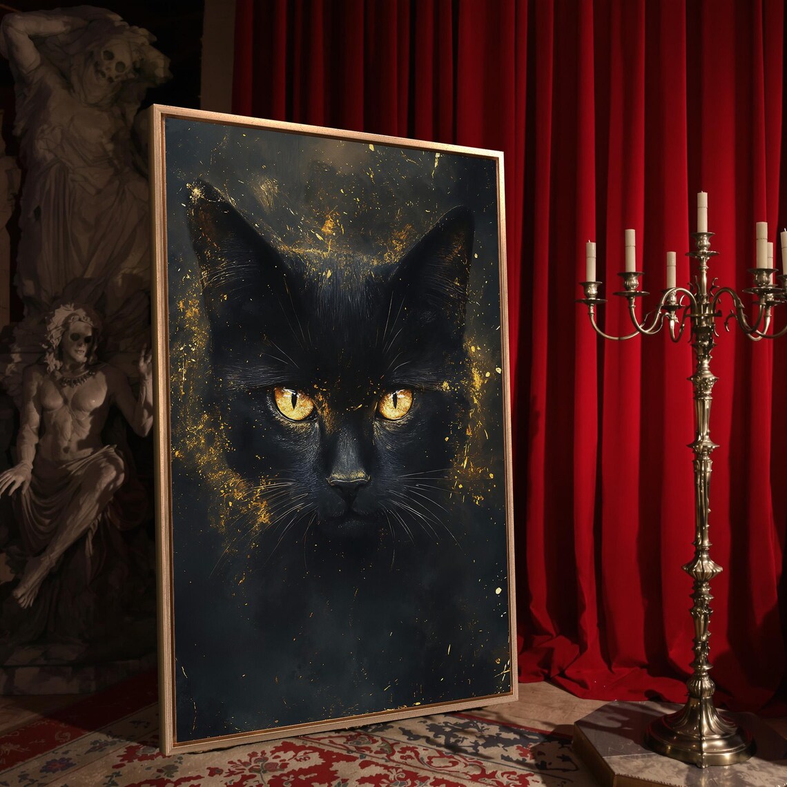 Black Cat Golden Eyes Dark Gold Splatter Dramatic Mystical Feline Wall Poster - Image 4