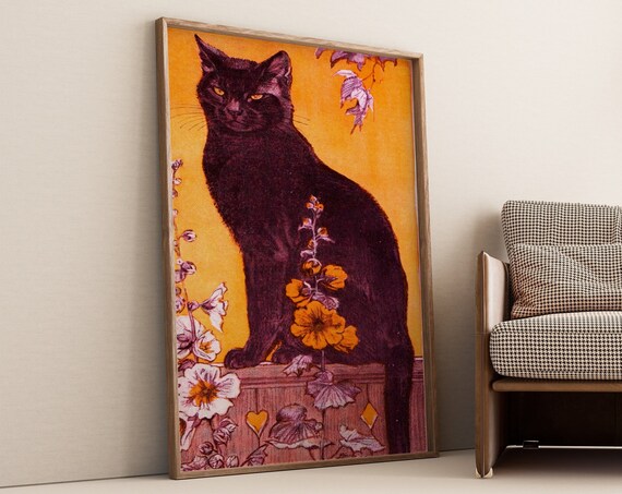 Vintage Black Cat Sitting Among Hollyhocks Retro Orange Illustration Poster
