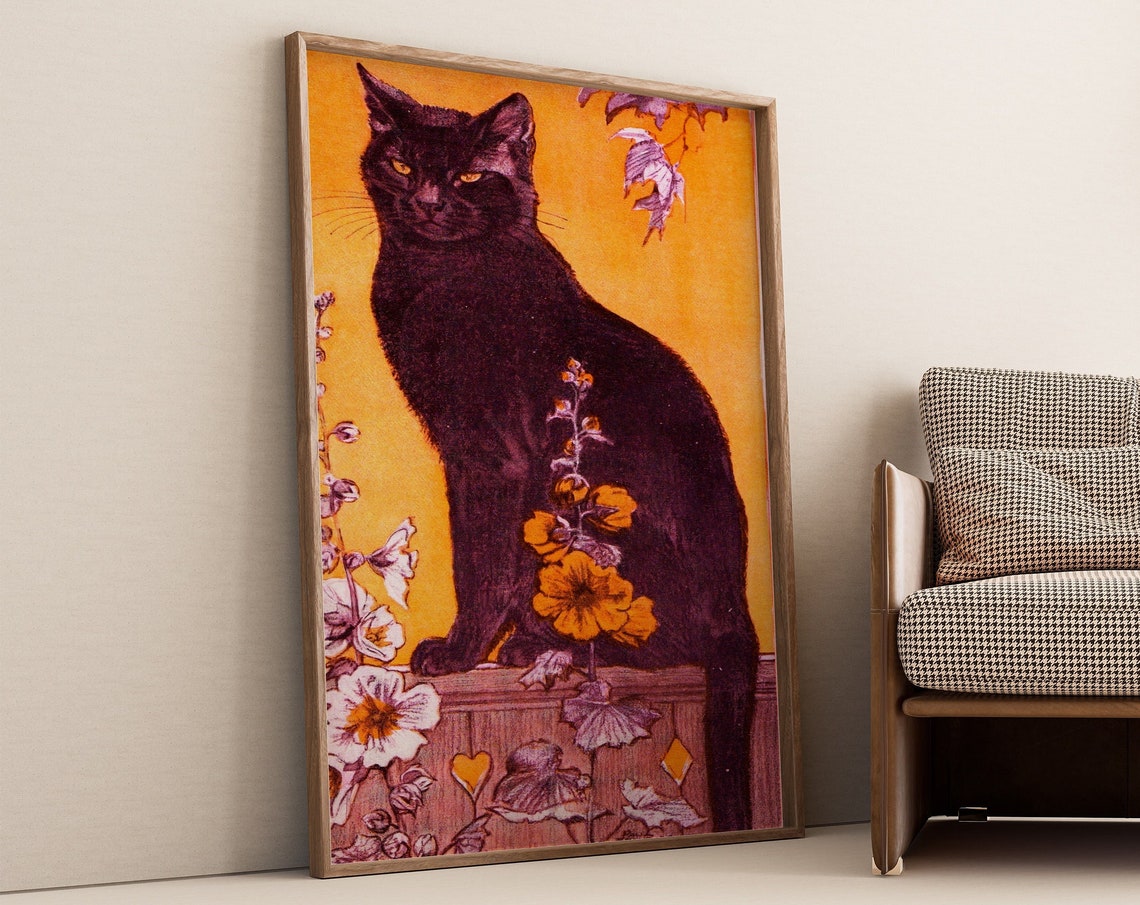 Autumn Cat Poster Halloween Cat Print Vintage Cat Wall Art Animal Print Halloween Animal Vintage Floral Print Autumn Poster Retro Art