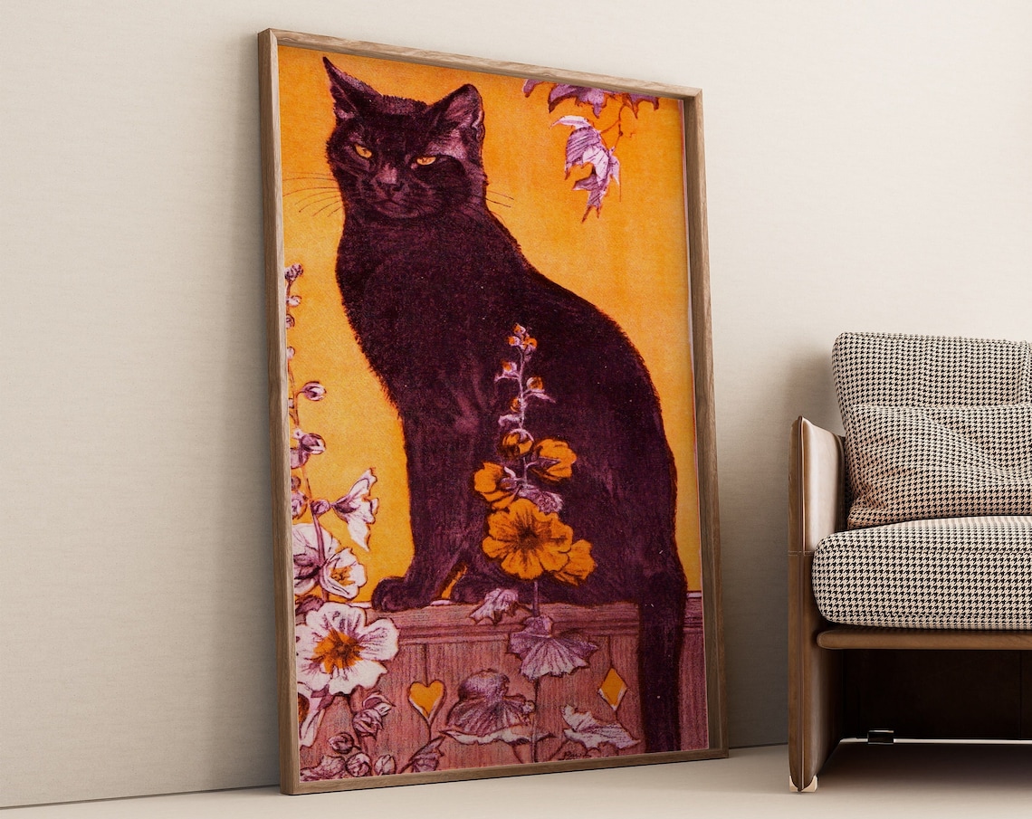 Vintage Black Cat Sitting Among Hollyhocks Retro Orange Illustration Poster