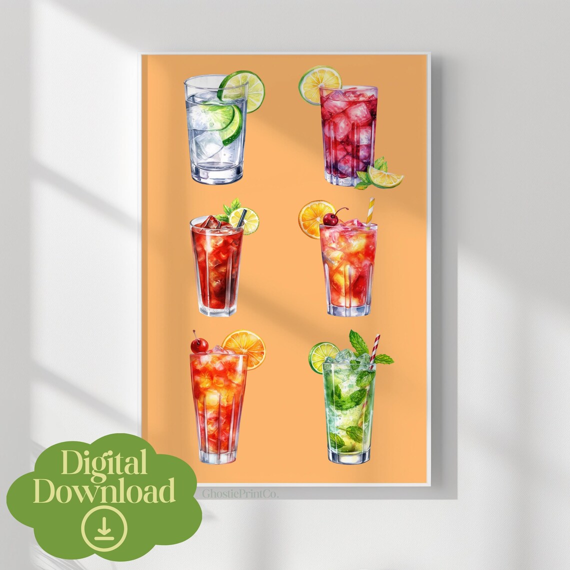 Six Watercolor Summer Cocktails Mojito Peach Bar Cart Decor Gallery Poster