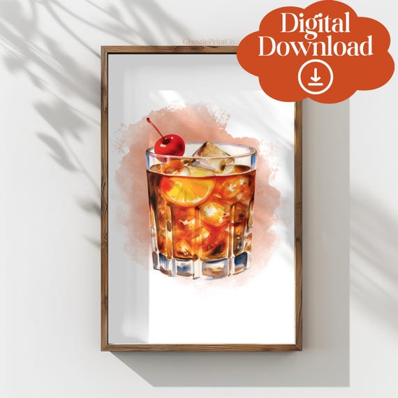 Old Fashioned Watercolor Wall Art Print Summer Cocktail Illustration Trendy Poster Bar Cart Kitchen