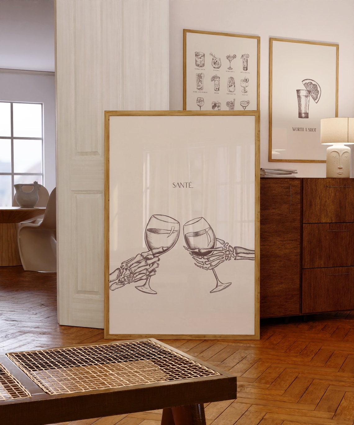 Sante Skeleton Hands Wine Toast Minimal Bar Cart Party Art Poster - Image 2