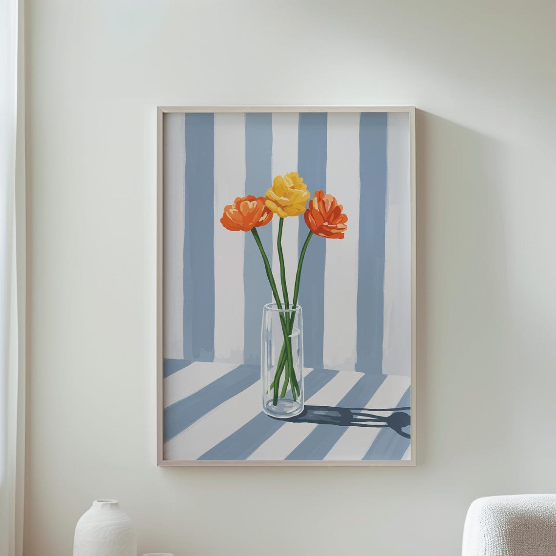 Three Orange Tulips Glass Vase Striped Blue Botanical Poster