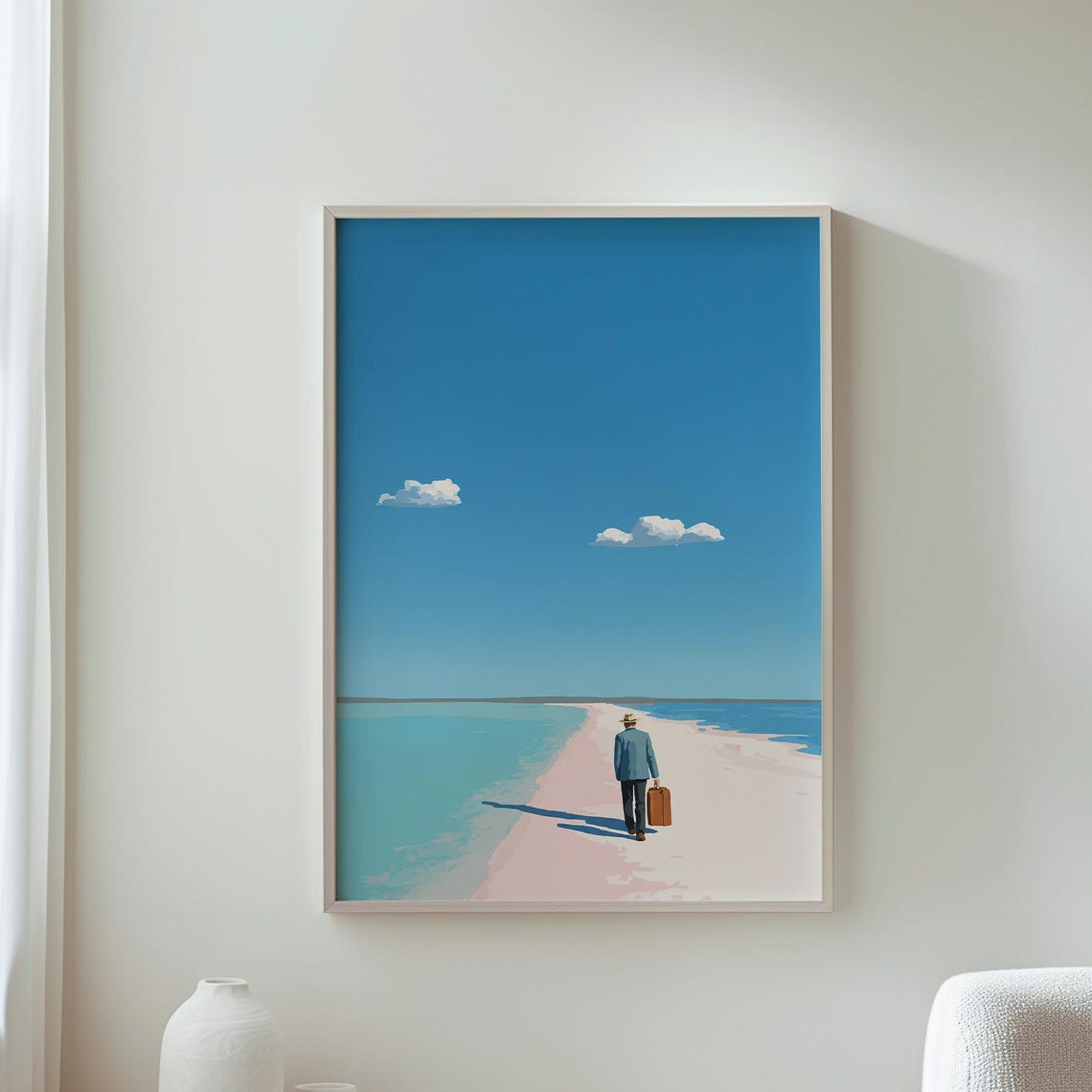 Man With Suitcase Walking Pink Beach Surreal Escape Travel Poster