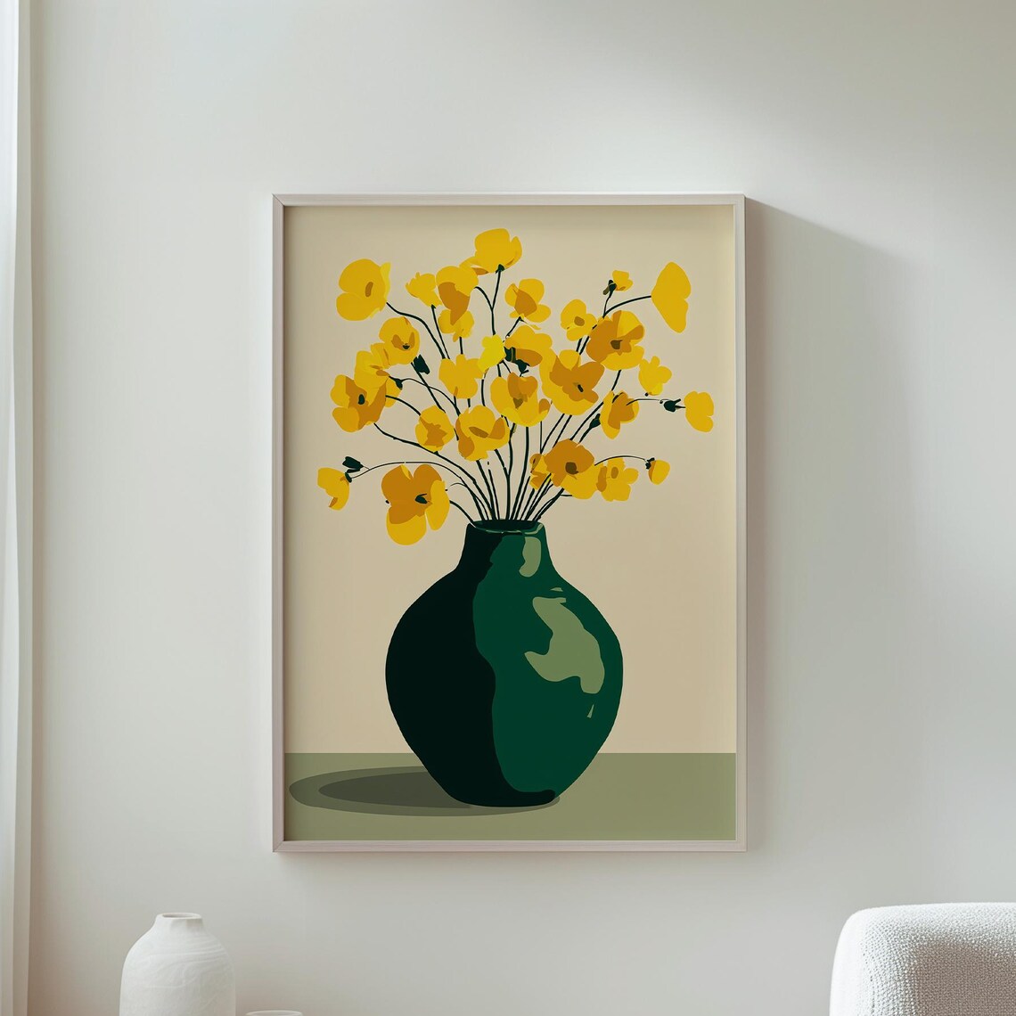 Yellow Bouquet in Dark Green Vase, Floral Art Print