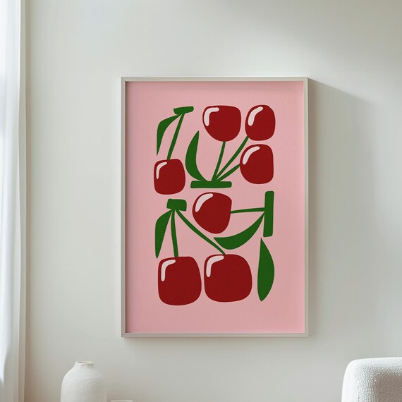 Stylized Cherry Pattern Dark Red Fruit Green Leaves Pink Modern Art Poster