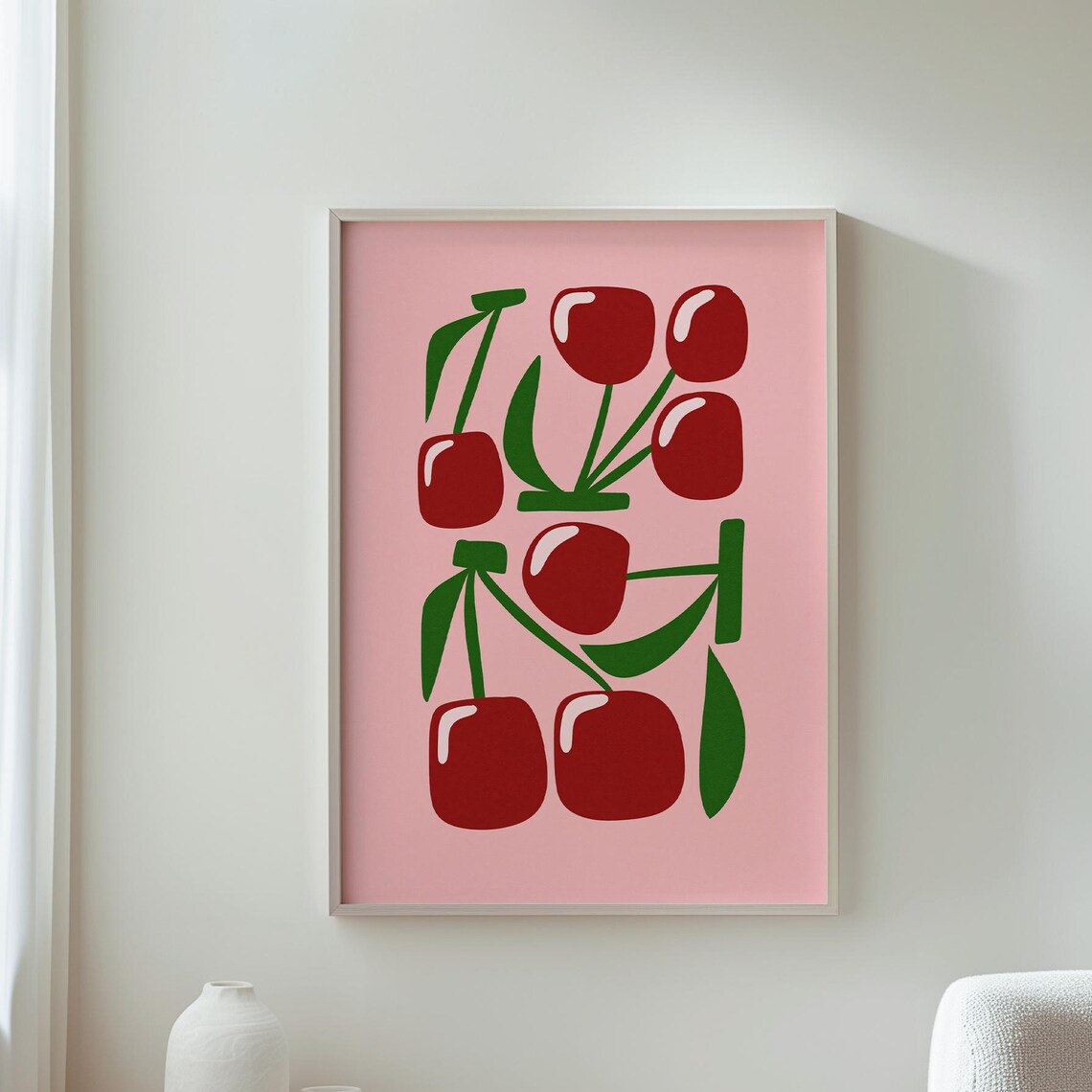 Stylized Cherry Pattern Dark Red Fruit Green Leaves Pink Modern Art Poster